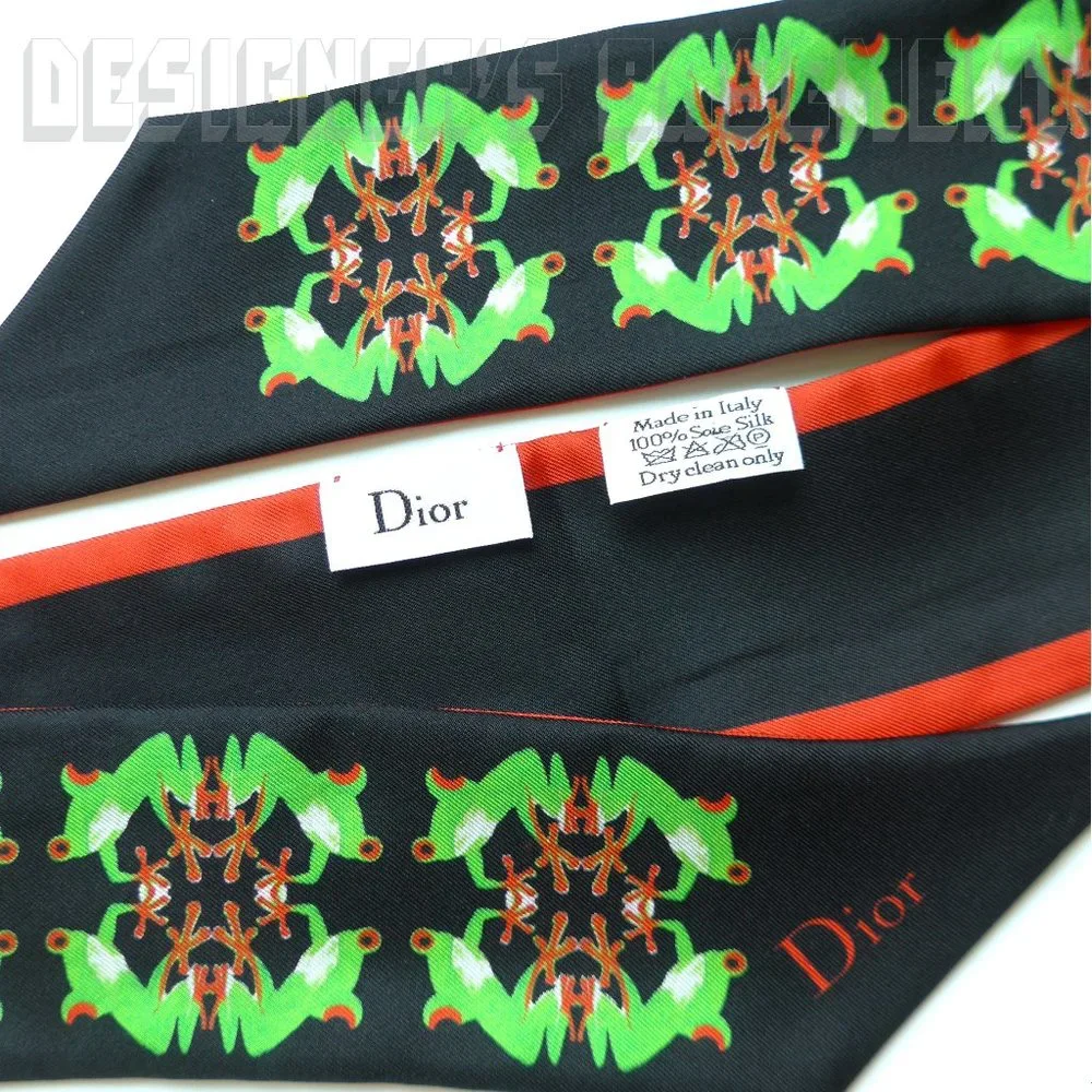 CHRISTIAN DIOR black Frogs by Chris Martin MITZAH skinny 2-sided Silk scarf NIB